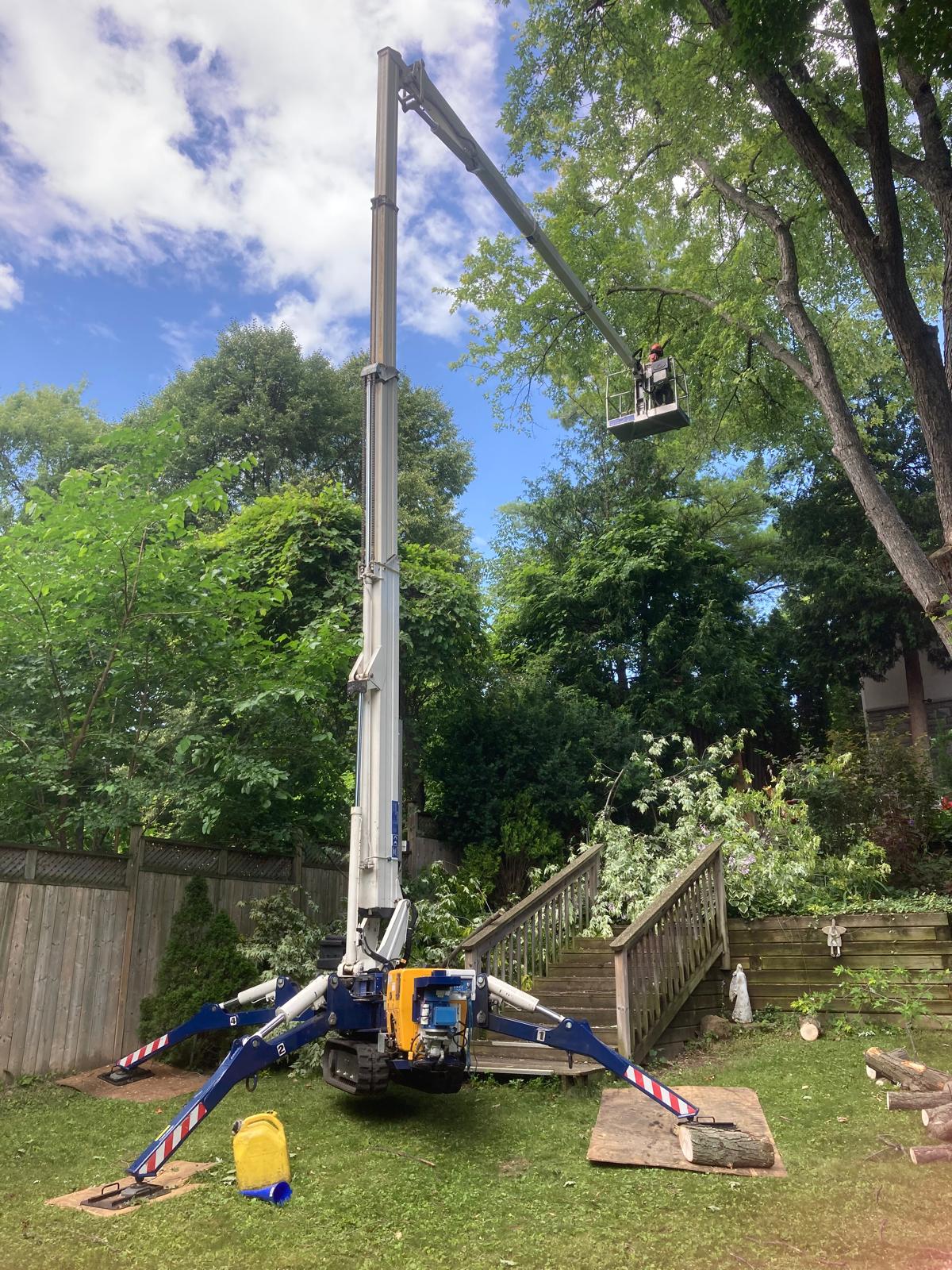 Spider lift set up on protective mats in a Pickering backyard for tree removal